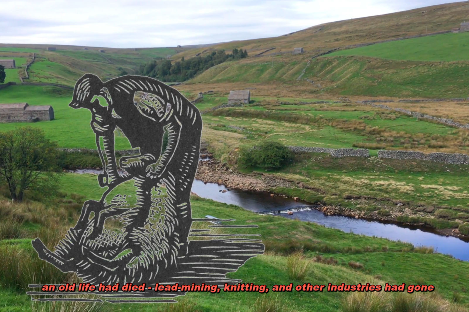 woodcut of sheepshearer against valley landscape