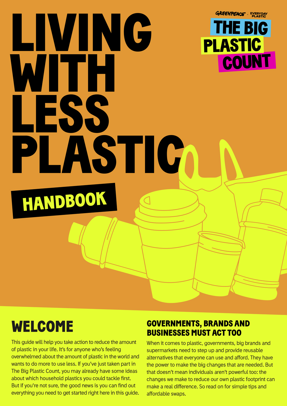 Orange and yellow text with graphic of plastic bags