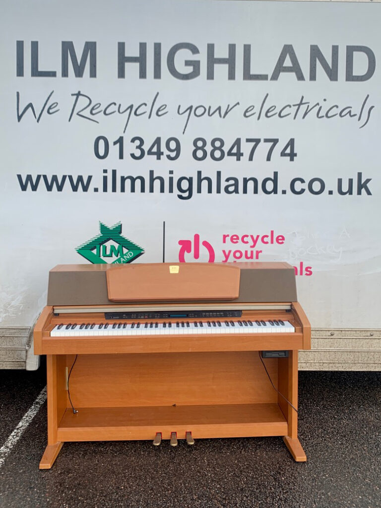 full size, brown electric piano in front of ILM advertising 