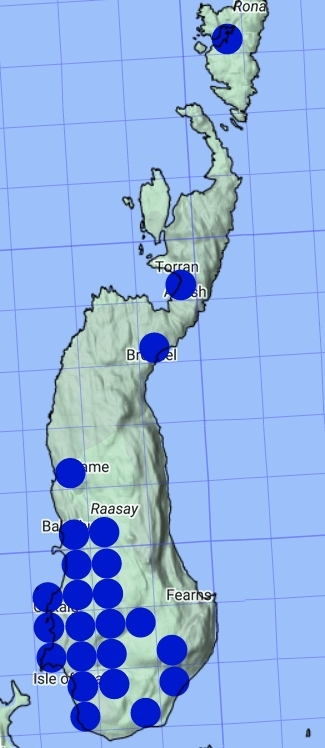 grid and blue dots on a map of raasay