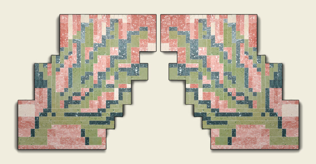 Tiles forming pattern of green seaweed against pink background