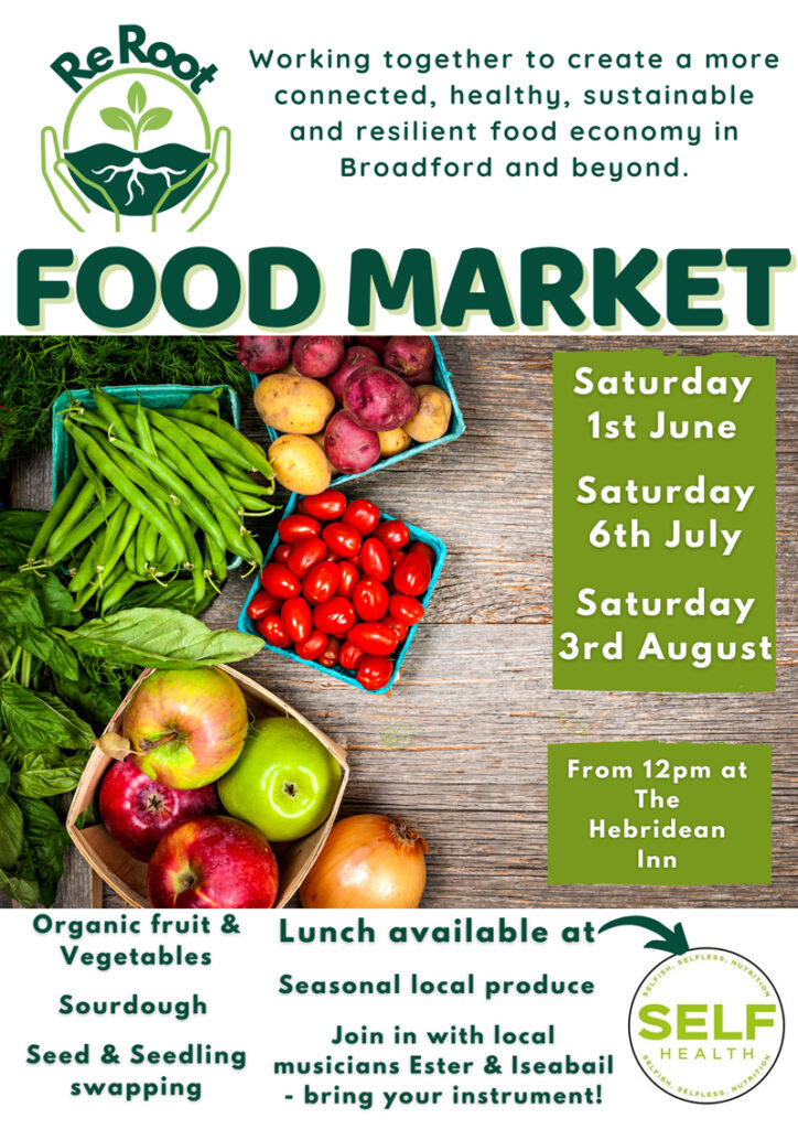 Colourful fruit & veg on a table, with poster text