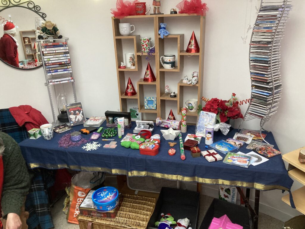 colourful small items on a table and shelves