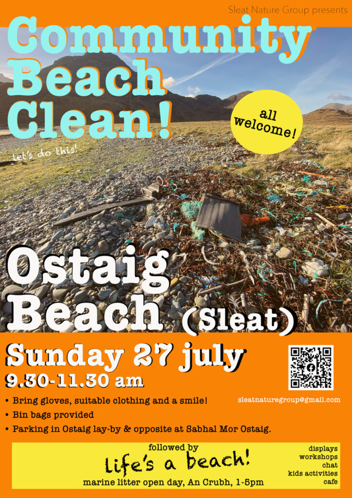 litter strewn on a beach with poster text