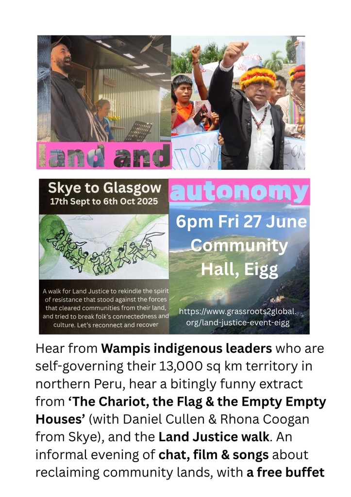 Poster showing indigneous people with feather headresses, banners, landscapes and text